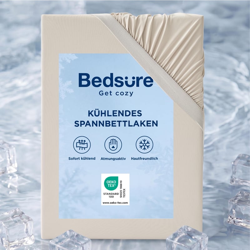 Bedsure Chladivá napínacia plachta 200x200 cm + 40 cm, béžová - Letný chránič matraca na kontinentálnu posteľ, Q-MAX 0.4, certifikát Oeko-Tex, mäkká a pohodlná
