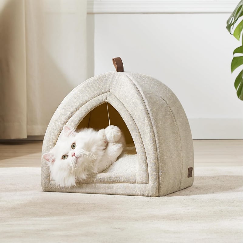 BEDSURE Macska Barlang 40x40x40 cm Levehető Sherpa Párnával és Játékkal