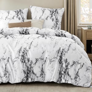 Set lenjerie de pat din microfibră Bedsure, cu model de marmură - alb - 200x200 cm