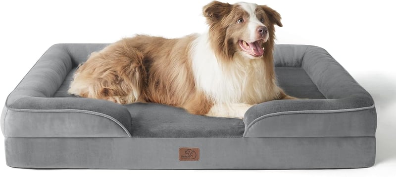 Culcuș ortopedic pentru câini Bedsure tip canapea cu spumă cu memorie tip cofrag - gri - 97x71x16 cm