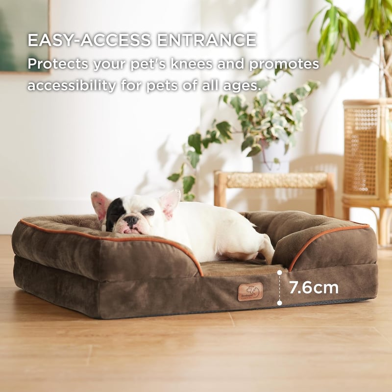 BEDSURE Ortopédikus Kutyaágy 71x58 cm, Tojástartó Habos Kisállat Fekhely, Mosható Csúszásgátlós Kutyakanapé Közepes Kutyáknak, Barna