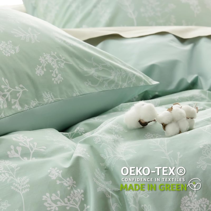 BEDSURE Pamut Ágynemű Szett 200x200 cm, Zöld Virágmintás Ágyneműhuzat Cipzárral, 3 Részes Garnitúra 2 Párnahuzattal 80x80 cm, Légáteresztő O
