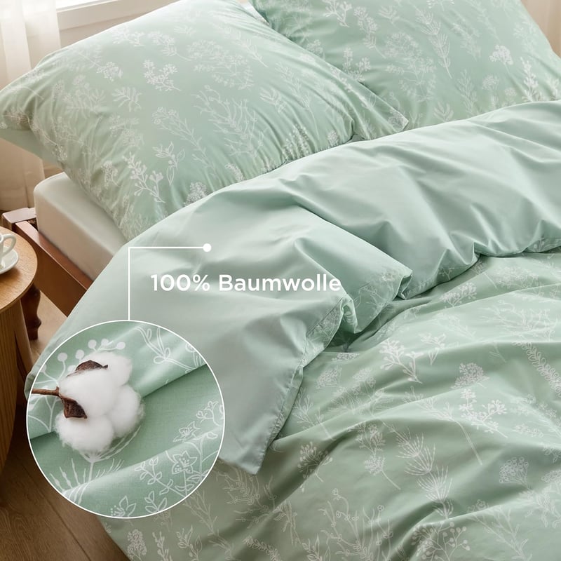 BEDSURE Pamut Ágynemű Szett 200x200 cm, Zöld Virágmintás Ágyneműhuzat Cipzárral, 3 Részes Garnitúra 2 Párnahuzattal 80x80 cm, Légáteresztő O