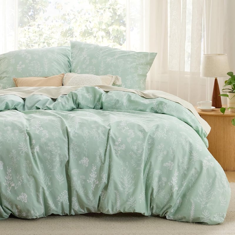 BEDSURE Pamut Ágynemű Szett 200x200 cm, Zöld Virágmintás Ágyneműhuzat Cipzárral, 3 Részes Garnitúra 2 Párnahuzattal 80x80 cm, Légáteresztő O