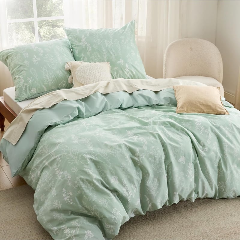 BEDSURE Pamut Ágynemű Szett 200x200 cm, Zöld Virágmintás Ágyneműhuzat Cipzárral, 3 Részes Garnitúra 2 Párnahuzattal 80x80 cm, Légáteresztő O