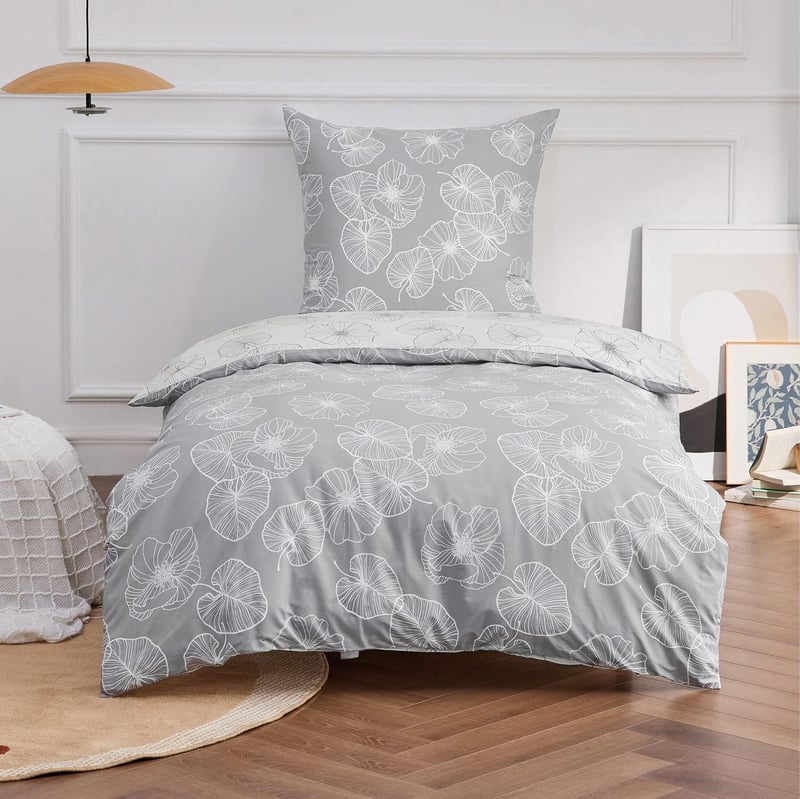 BEDSURE Pamut Ágyneműhuzat 135x200 cm Ginkgo Mintás Szürke 2 Részes Párnahuzattal