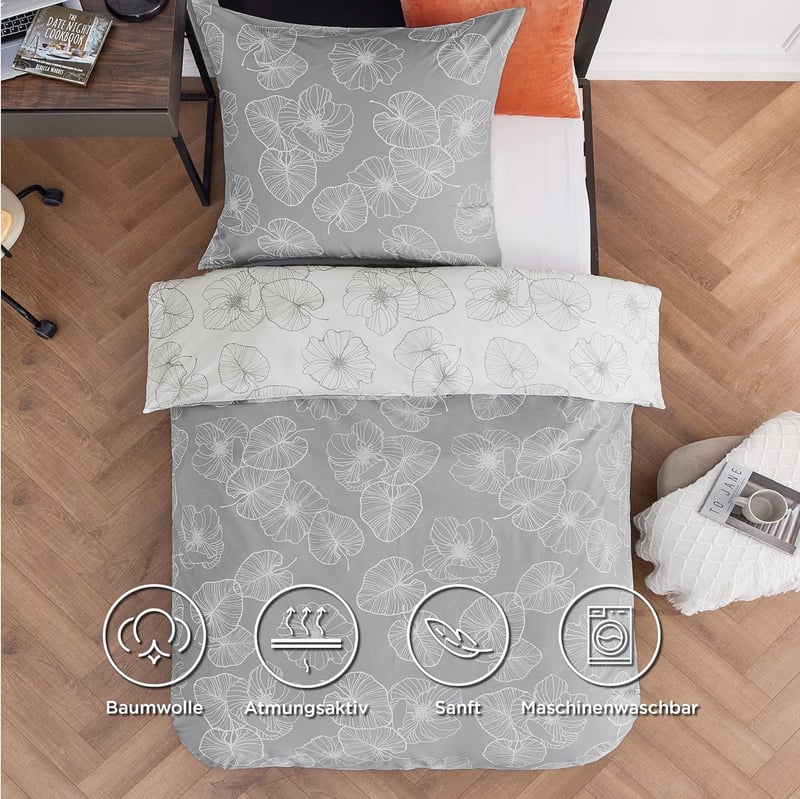BEDSURE Pamut Ágyneműhuzat 135x200 cm Ginkgo Mintás Szürke 2 Részes Párnahuzattal