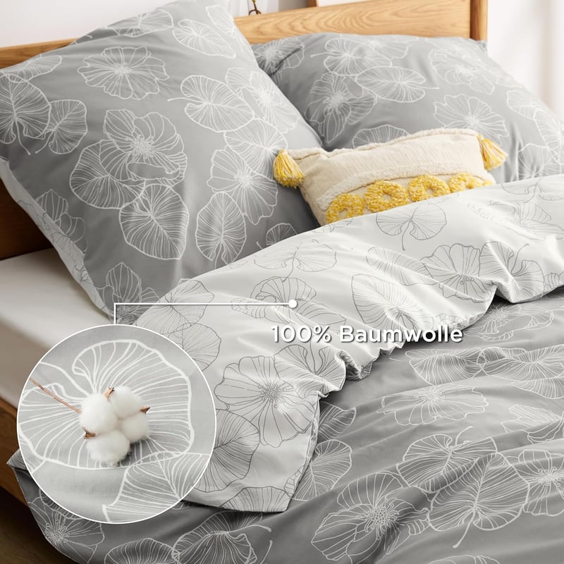 BEDSURE Pamut Ágyneműhuzat 135x200 cm Ginkgo Mintás Szürke 2 Részes Párnahuzattal