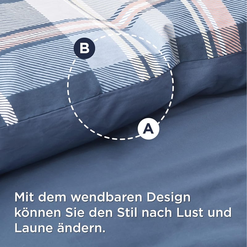 BEDSURE Pamut Ágyneműhuzat 135x200 cm Kék Kockás Mintával, 2 Részes Garnitúra Párnával