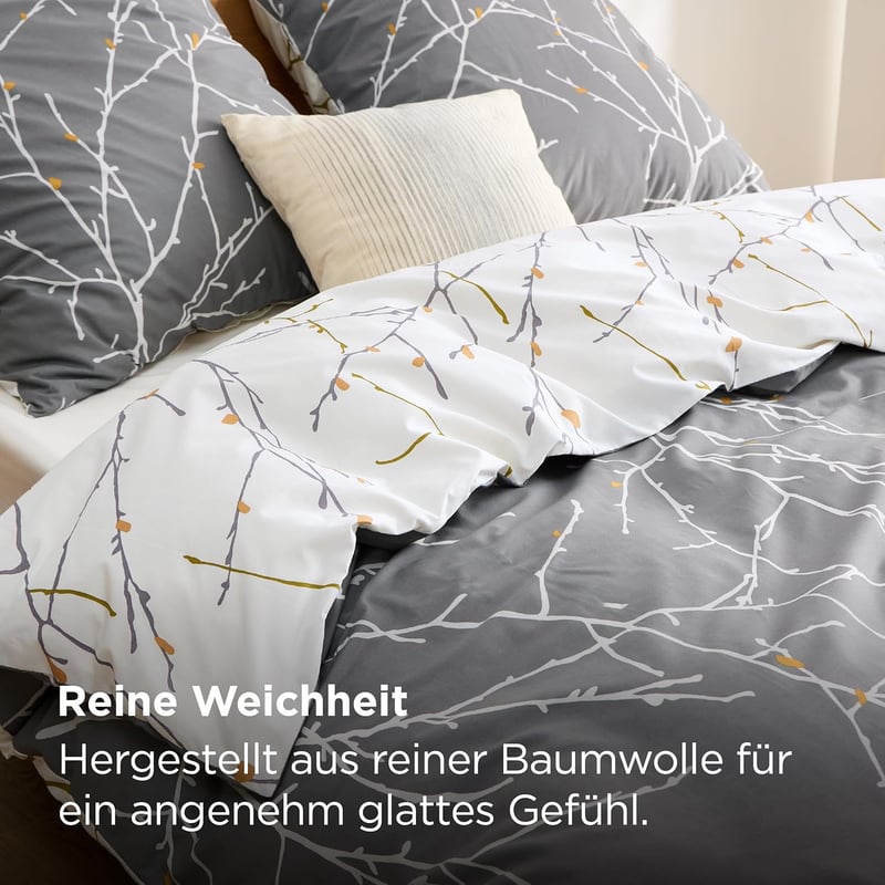 Bedsure Pamut Ágyneműhuzat 135x200 cm Szürke Gallyos Mintával 2 Részes Garnitúra