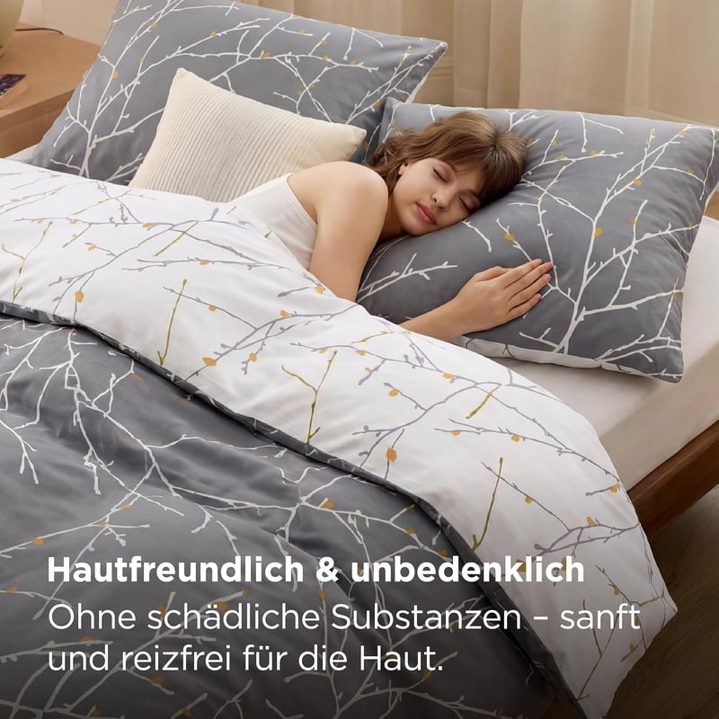 Bedsure Pamut Ágyneműhuzat 135x200 cm Szürke Gallyos Mintával 2 Részes Garnitúra