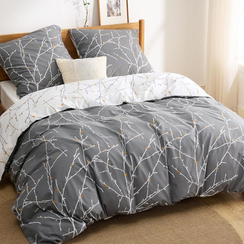 Bedsure Pamut Ágyneműhuzat 155x220 cm Szürke Gallyos Mintás 3 Részes Garnitúra