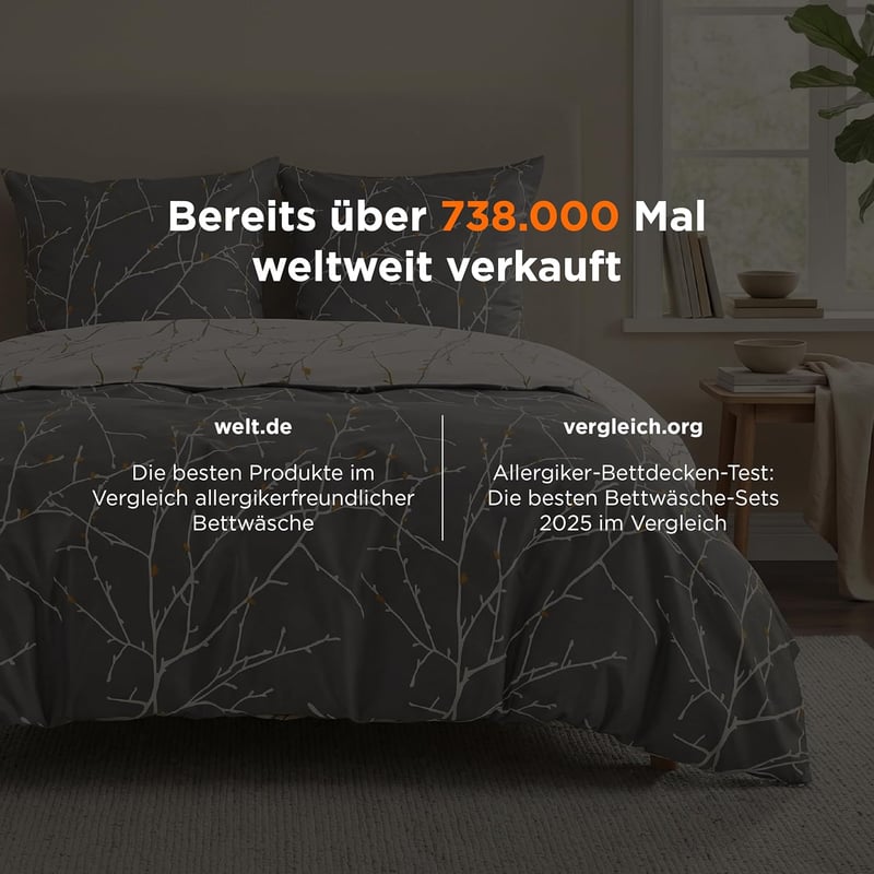 Bedsure Pamut Ágyneműhuzat 155x220 cm Szürke Gallyos Mintás 3 Részes Garnitúra