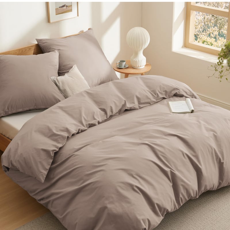 Bedsure pamučna posteljina 220x240 cm, kaki - set od 3 dijela s 2 jastučnice 80x80 cm, Oeko-TEX, s patentnim zatvaračem, prozračna