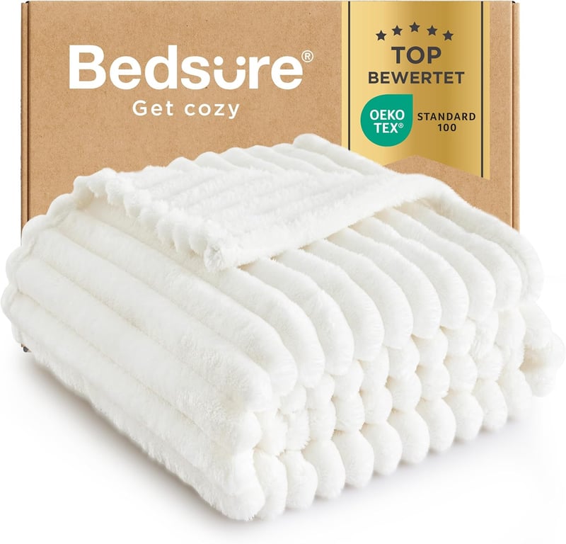 BEDSURE Puha Gyapjú Takaró - Meleg Polár Pléd Kanapéra, Bolyhos Kötött Ágytakaró, Kényelmes Dekorációs Pléd Nappaliba, Gyapjúfehér, 130x170 