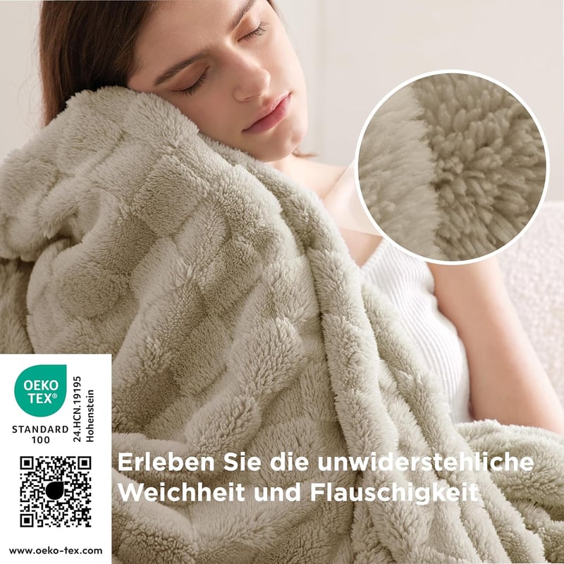 BEDSURE XXL Kockás Fleece Takaró 240x220 cm, Puha Meleg Plaid Pléd Bézs