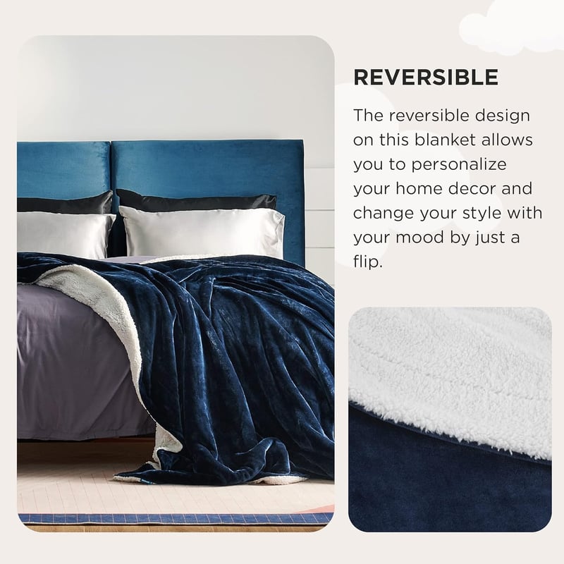 Bedsure Sherpa Kétoldalas Takaró, Extra Puha Flanel Pléd Kanapéra és Ágyra - 150 x 200 cm, Navy Blue