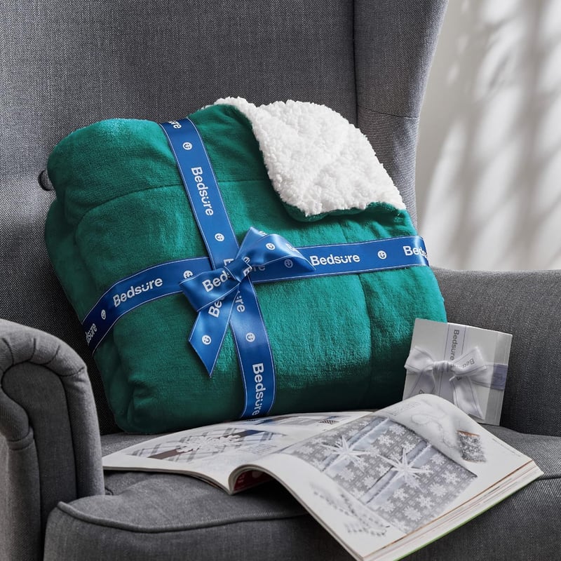 BEDSURE XXL Sherpa Takaró 220x240cm - Puha Flanel Kanapé Takaró Sötétzöld