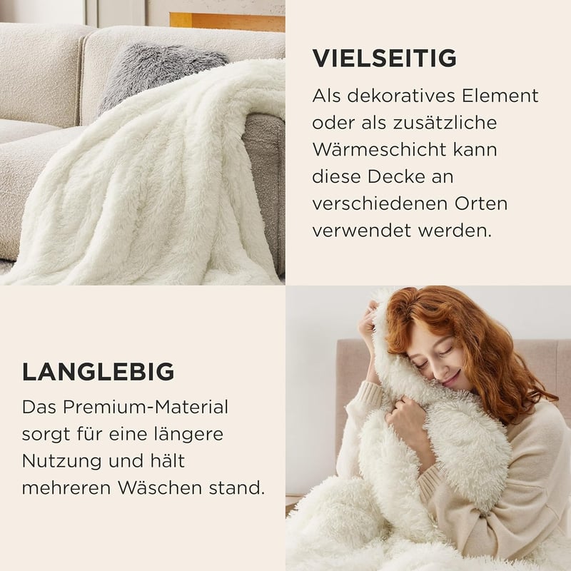 BEDSURE Warm Sherpa Blanket, Cuddly, Fluffy Faux Fur Blanket, Thick, for Sofa, Couch, 130 x 150 cm, Cream