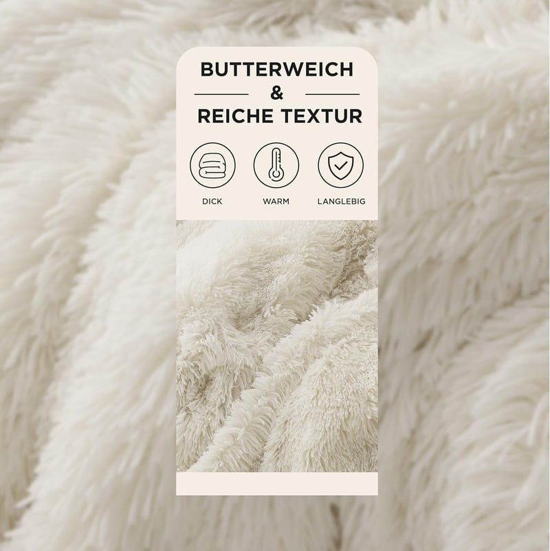 BEDSURE Warm Sherpa Blanket, Cuddly, Fluffy Faux Fur Blanket, Thick, for Sofa, Couch, 130 x 150 cm, Cream