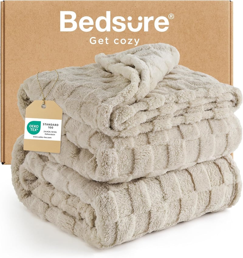 BEDSURE XXL Kockás Fleece Takaró 240x220 cm, Puha Meleg Plaid Pléd Bézs