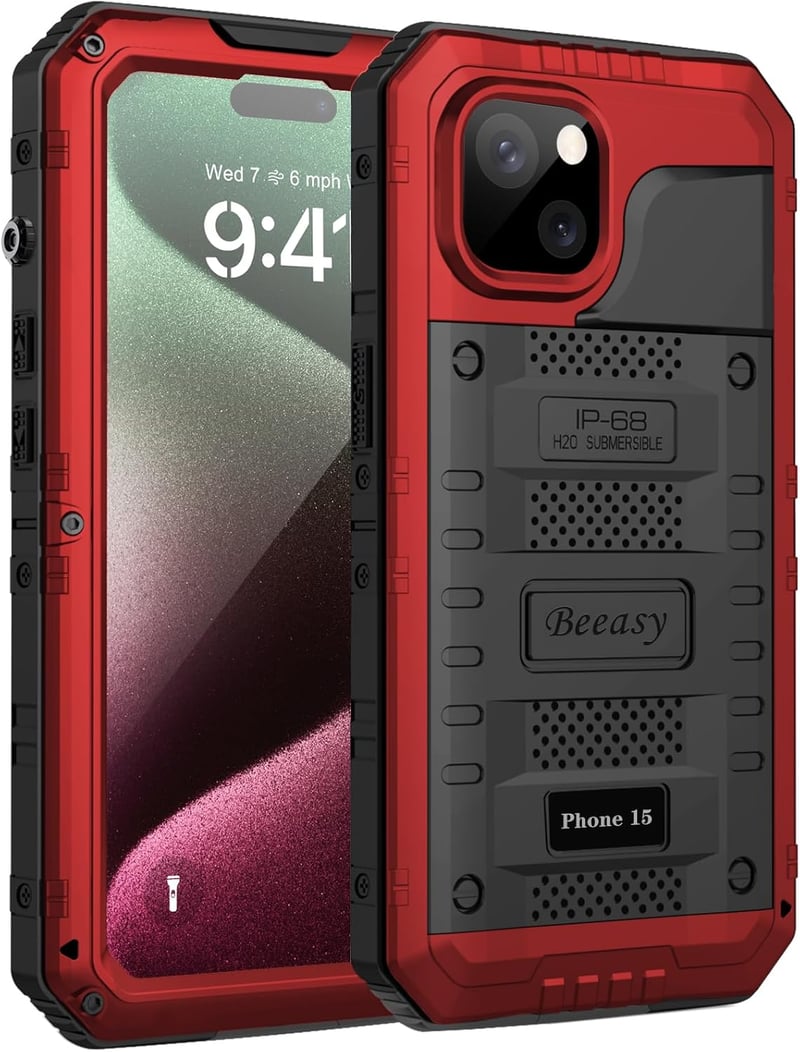 Beeasy iPhone 15 vízálló ütésálló fém tok 360° védelemmel piros - iPhone 15, red