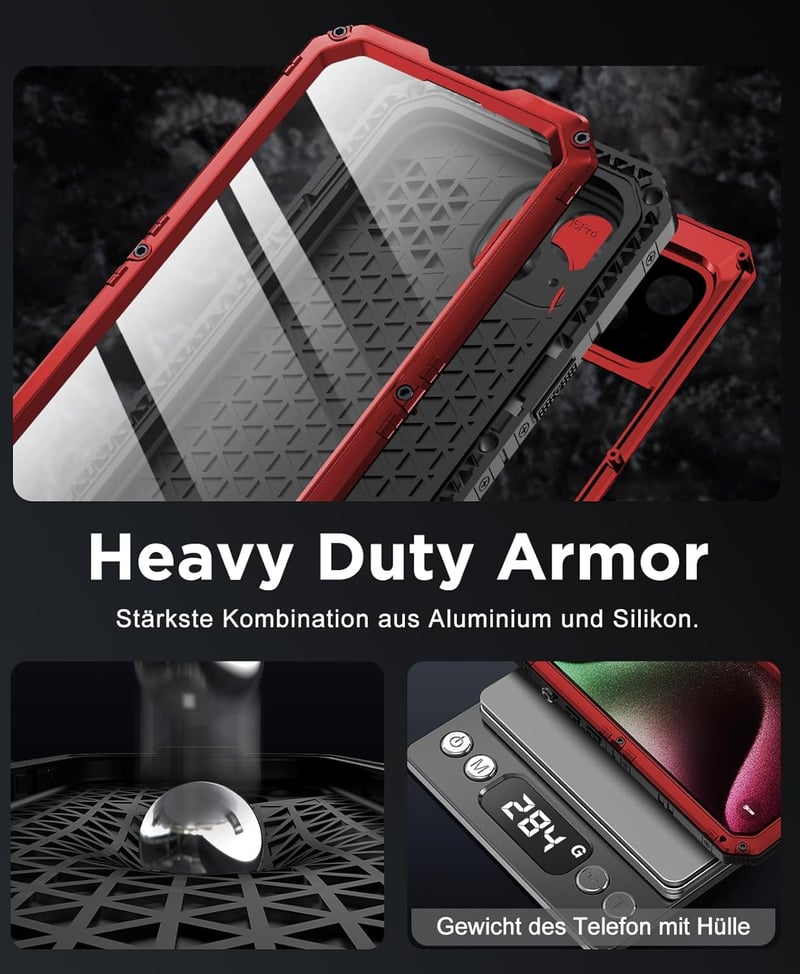 Beeasy iPhone 15 vízálló ütésálló fém tok 360° védelemmel piros - iPhone 15, red