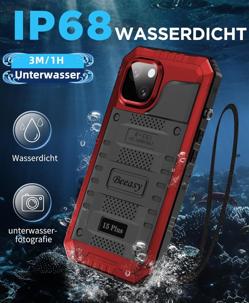 Beeasy iPhone 15 vízálló ütésálló fém tok 360° védelemmel piros - iPhone 15, red