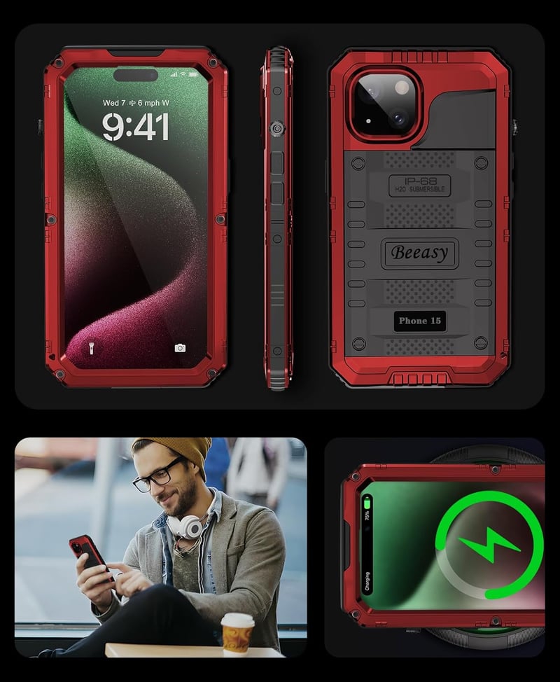 Beeasy iPhone 15 vízálló ütésálló fém tok 360° védelemmel piros - iPhone 15, red
