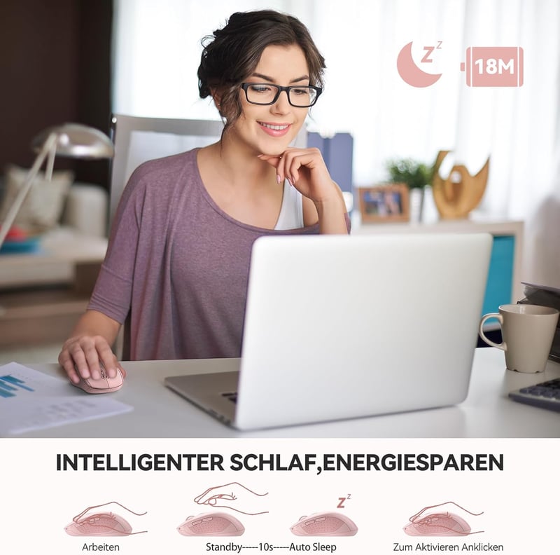 TECKNET Bluetooth Vezeték Nélküli Egér Három Móddal (BT 5.0/3.0 + 2.4GHz), USB Vevővel, Ergonomikus Hordozható Rózsaszín Egér Laptophoz, PC-