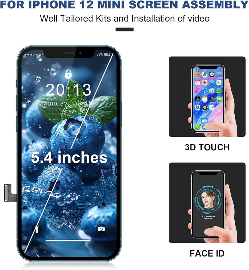 Beefix iPhone 12 Mini LCD Kijelző Csere 5.4" FHD 3D Érintőképernyő Digitalizáló Panel Szerelő Készlettel Komplett Kijelzőcsere Szett