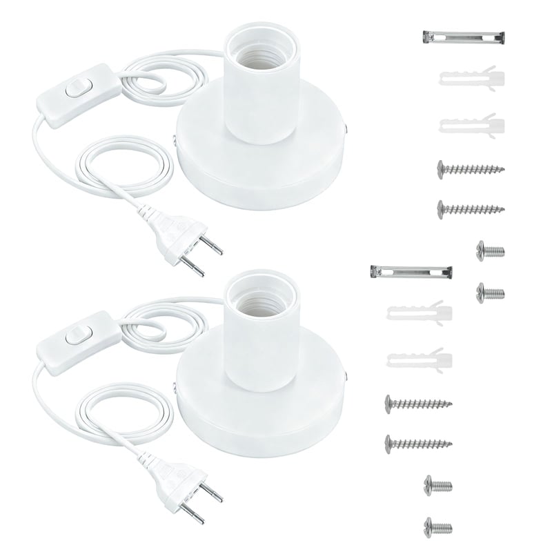 BEELUKY Set 2 Dulii E27 cu Întrerupător, Alb, Cablu de Alimentare 1,8 m cu Întrerupător pe Fir, pentru Lustre DIY, Lămpi de Masă Vintage, Living, Birou, 220V 3A, 2 bucăți