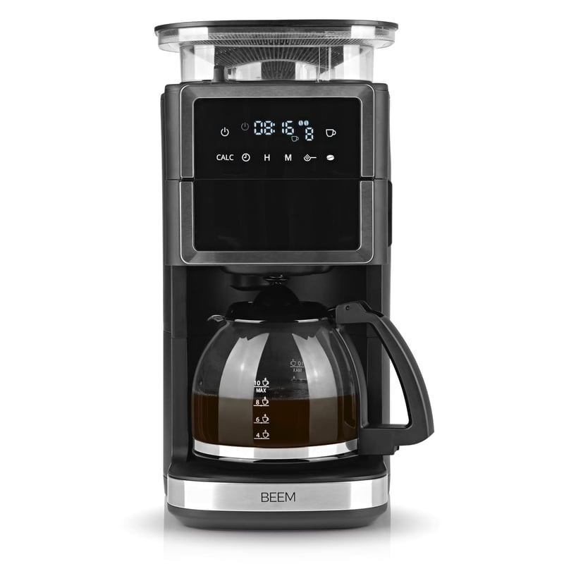 Cafetieră cu filtru BEEM FRESH-AROMA-PERFECT III cu râșniță încorporată, oțel inoxidabil, cană de sticlă, funcție de menținere la cald, Aroma Plus, temporizator 24 de ore, 1000 W, pentru 10 cești