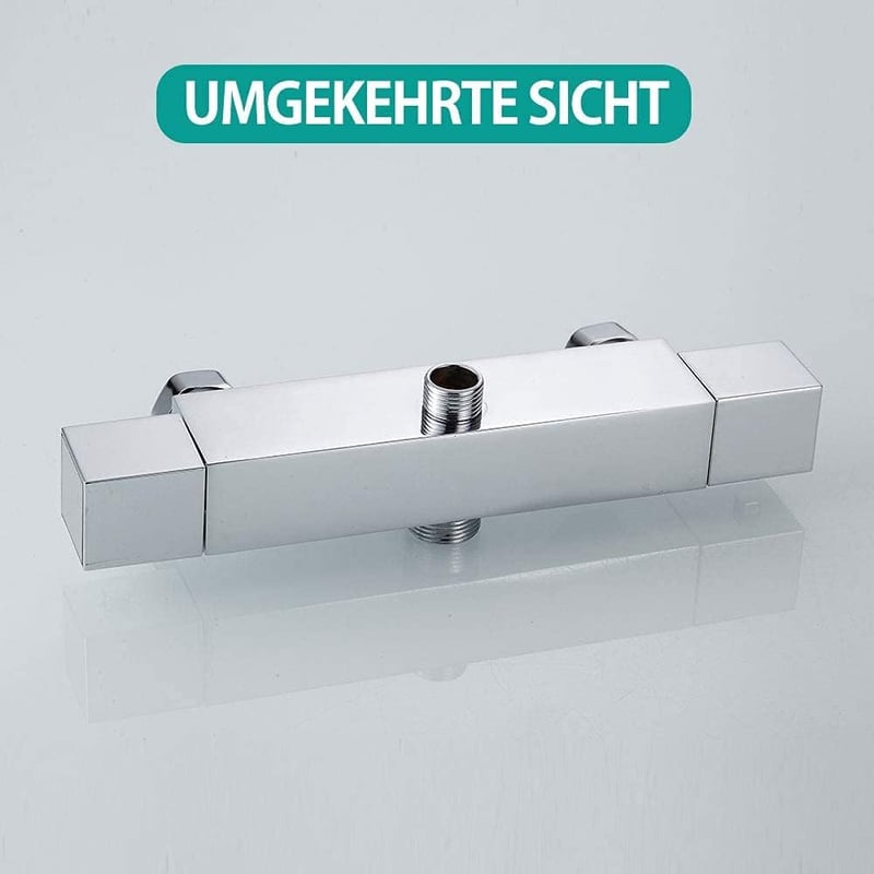 Beenle-Icey Termosztátos Zuhanycsaptelep 38°C Biztonsági Gombbal - Króm Négyzet Alakú Sárgaréz Fali Csaptelep G3/4 Felső és G1/2 Alsó Csatla