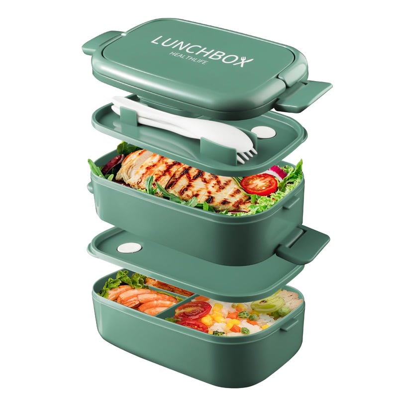 Dóza na obed Beeptrum Bento 1400 ml, 2-poschodový obedár so 4 priehradkami a príborom, nepriepustný, pre dospelých aj deti, vhodný do mikrovlnky