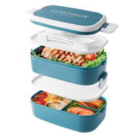 Dóza na obed Beeptrum Bento 1400 ml, 2-poschodový obedár so 4 priehradkami a príborom, nepriepustný, modrý, vhodný do mikrovlnnej rúry a umývačky riadu 1
