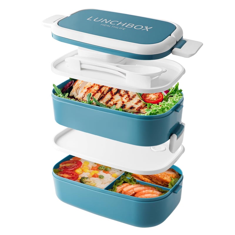 Dóza na obed Beeptrum Bento 1400 ml, 2-poschodový obedár so 4 priehradkami a príborom, nepriepustný, modrý, vhodný do mikrovlnnej rúry a umývačky riadu