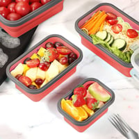 Skladací silikónový obedár Beeptrum s vekom, Bento box, vhodný do mikrovlnnej rúry a mrazničky, 4-dielna súprava, červený 2