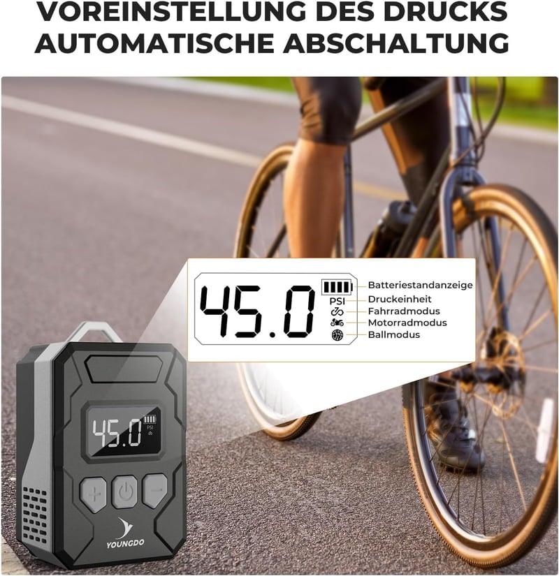 YOUNGDO Mini Elektromos Kerékpárpumpa 150 PSI - 500 mAh Akkumulátor, Valós Idejű Nyomáskijelző, Presta és Schrader Szeleppel Kompatibilis