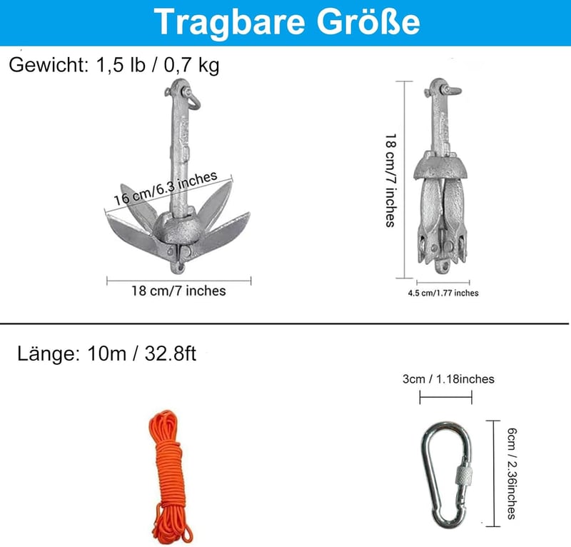BeGrit 0,7 kg Összecsukható Horgony Szett Galvanizált 10m Szakítószilárd Kötéllel 6mm Átmérő Bója Labdával Ezüst