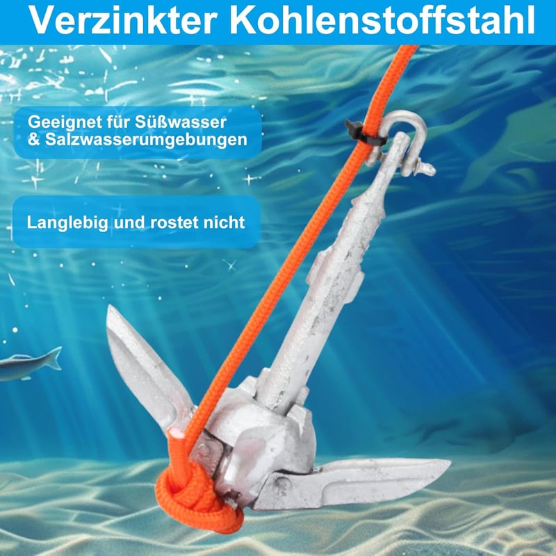 BeGrit 0,7 kg Összecsukható Horgony Szett Galvanizált 10m Szakítószilárd Kötéllel 6mm Átmérő Bója Labdával Ezüst