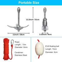 BeGrit Horganyzott Hajóhorgony, Kayak Horgony, 1,5 kg 6 mm Átmérő 10 m Kötéllel - silver, 1,5KG Faltbarer Anker 2