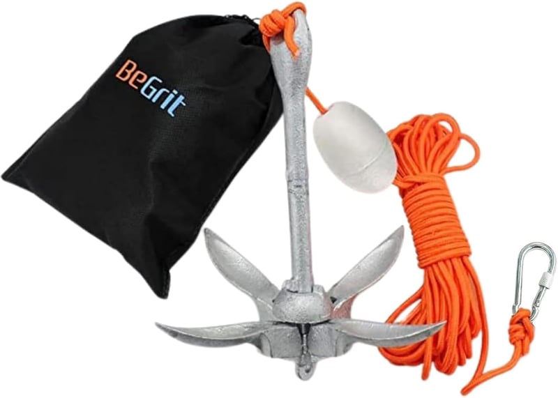 BeGrit Horganyzott Hajóhorgony, Kayak Horgony, 1,5 kg 6 mm Átmérő 10 m Kötéllel - silver, 1,5KG Faltbarer Anker