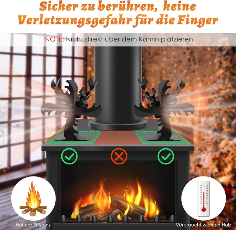 Behozel 4 lapátos kályha ventilátor, áramellátás nélküli, csendes működés, hatékony hőelosztás