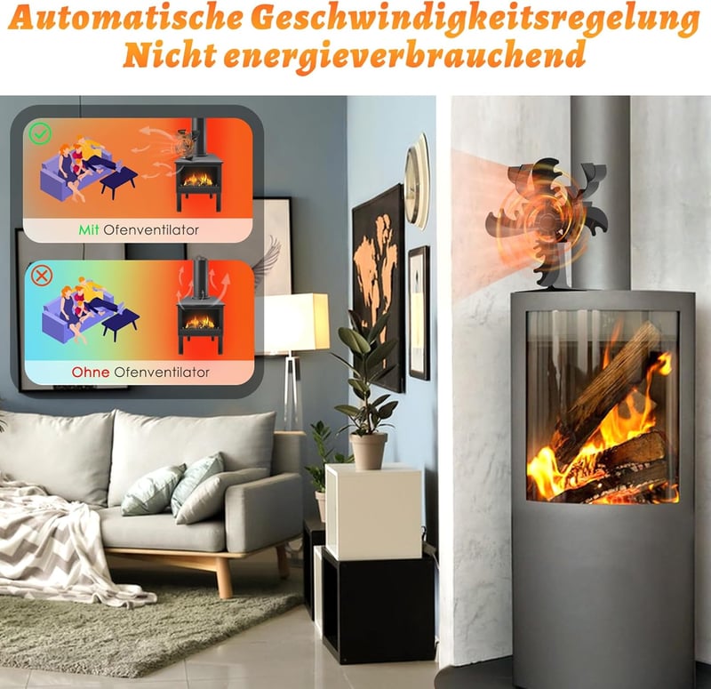 Behozel 4 lapátos kályha ventilátor, áramellátás nélküli, csendes működés, hatékony hőelosztás
