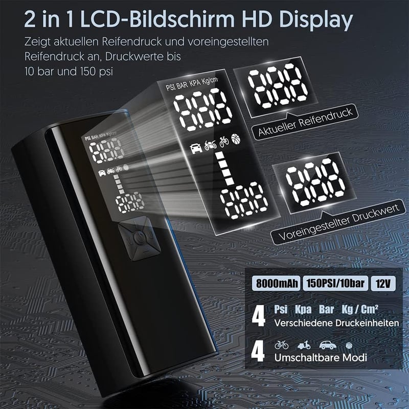 Behozel Elektromos Légpumpa 5200mAh Akkumulátor, Digitális LCD Kijelző, Kerékpár Motorkerékpár Autó Pumpa