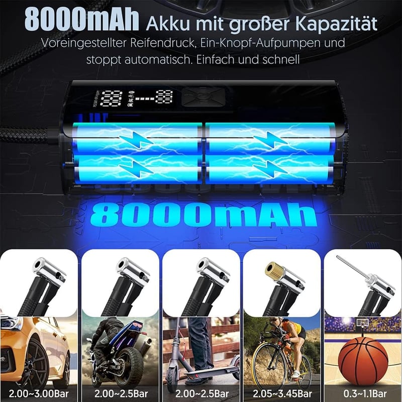 Behozel Elektromos Légpumpa 5200mAh Akkumulátor, Digitális LCD Kijelző, Kerékpár Motorkerékpár Autó Pumpa