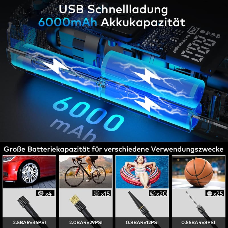 Behozel Elektromos Légpumpa 6000mAh Akkuval, 150 PSI Hordozható Kerékpár Pumpa Digitális Kijelzővel