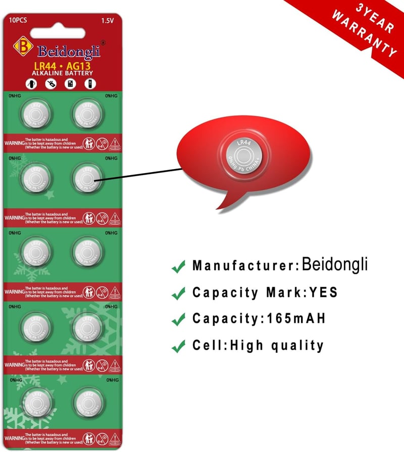 Beidongli AG13 LR44 1.5V gombelem 40db higanymentes