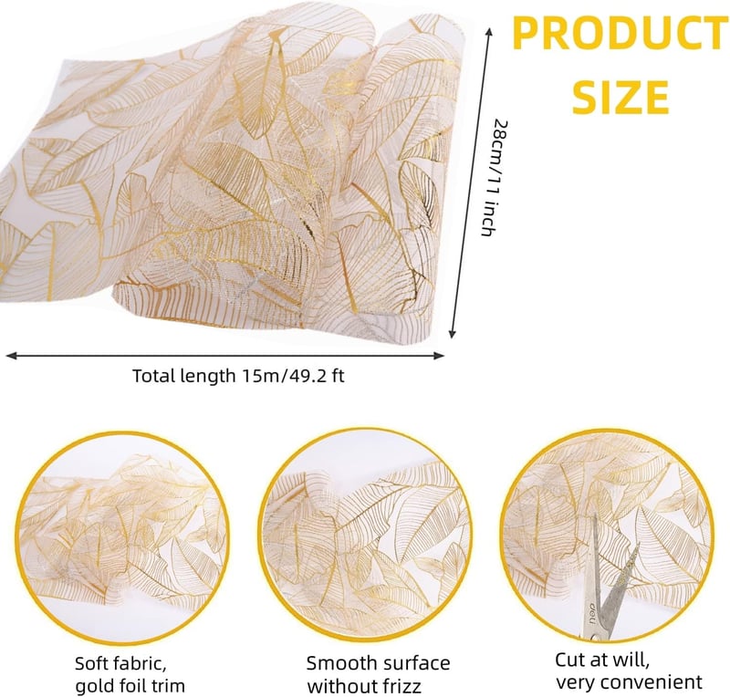 Bekeify Arany Asztali Futó 28cm × 15m - Elegáns Organza Tüll Asztalterítő Csillogó Fényű Dekoráció Esküvőre, Szilveszterre, Karácsonyra